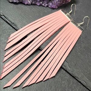 Genuine Butter Soft Pink Leather Fringe Earrings Hand Cut